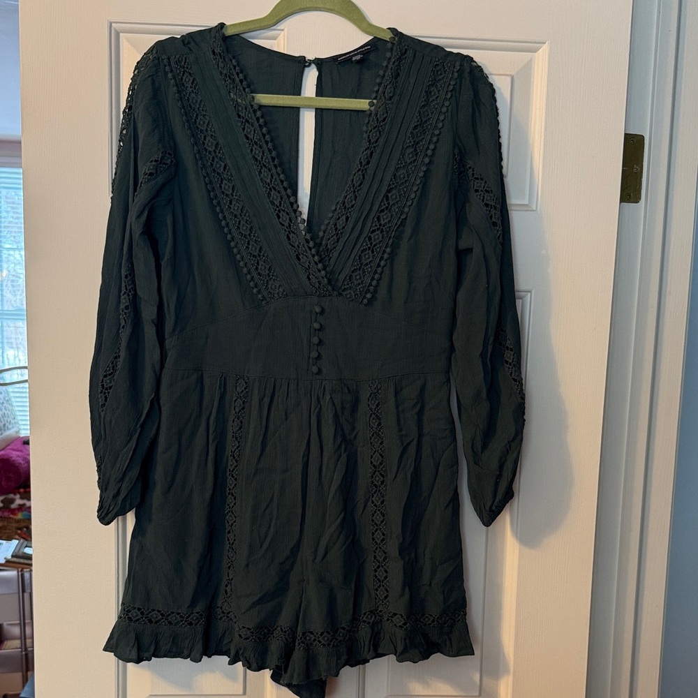 Dark Green Lace Trim Romper